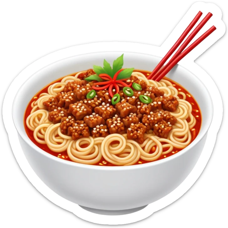 Sichuan Dan Dan Noodles with red chili oil and minced pork, simplified emoji style with bold outlines and bright colors, cartoon style spicy Chengdu street food sticker