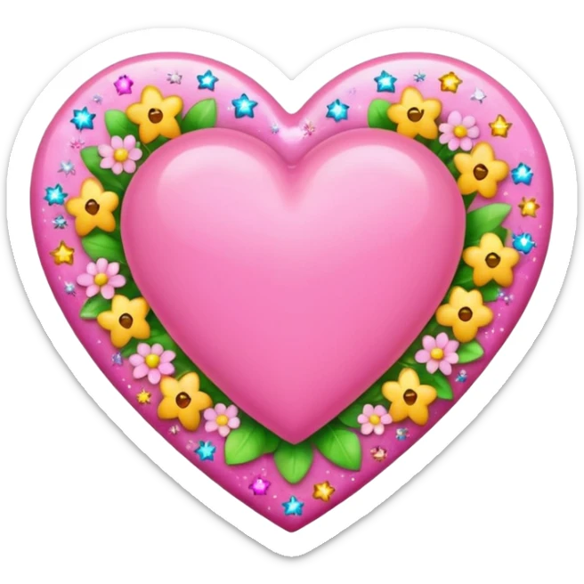 Colorful emoji-style icon of a large pink heart surrounded by sparkles, stars, and small flowers, representing overflowing love and joy. Bright and happy Apple-style emoji, glossy finish, white background. sticker