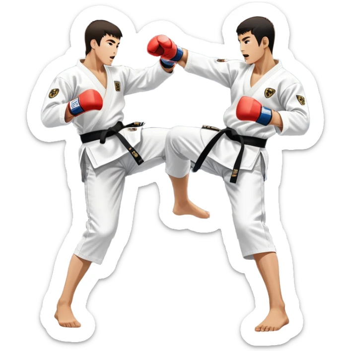 Two taekwondo fighters in traditional white doboks with black belts. One delivers a powerful kick, while the other defends by blocking with his knee. The background shows a professional arena with bright lights and an excited crowd. Transparent background highlights the intense action sticker