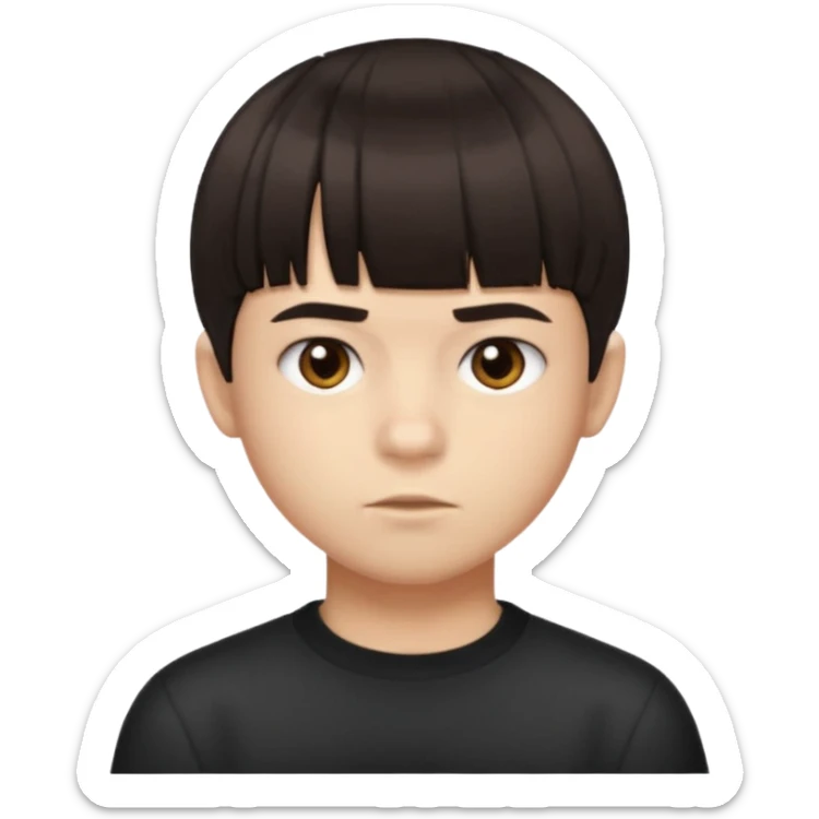 A boy no long hair À emoji that don’t smile Dark brown thick hair, short blunt fringe with straight bangs, a lot more compact textured top, evenly cut front, short tapered sides (not shaved), clean modern haircut, realistic emoji style, neutral expression. sticker