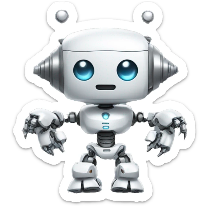 a high-tech white metal robot with several arms like an indian god but cute sticker