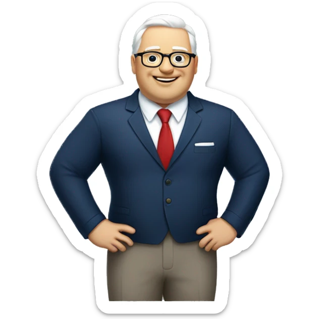 A fat man, white hair, with glasses, no beard, smiling with teeth, and wearing a navy blue suit and red tie sticker