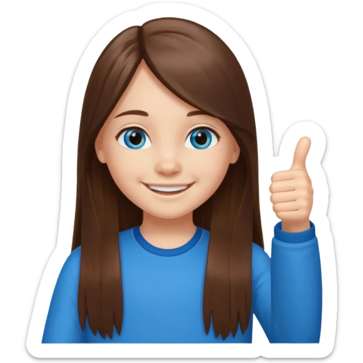 11 year old girl, blue eyes, brown long ish straight hair, smile and two thumbss up sticker