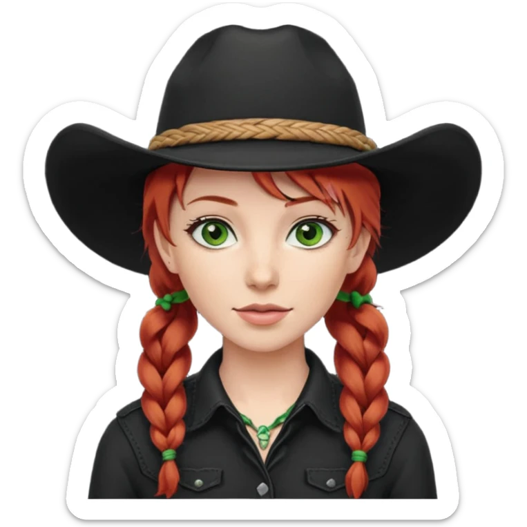 cowgirl with red hair green eyes black hat one braid in hair over right shoulder sticker