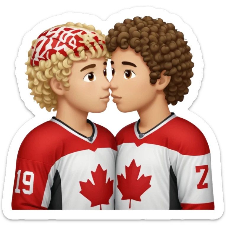 Straight Dark hair boy hockey player kissing curly hair blonde hockey player boy sticker