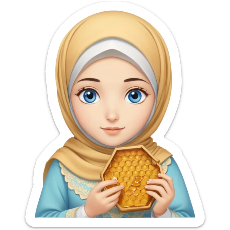 Turkish beautiful finish Konya girl blue eyes with honeycomb pastel hijab islamic dress and had on her hand honey sticker