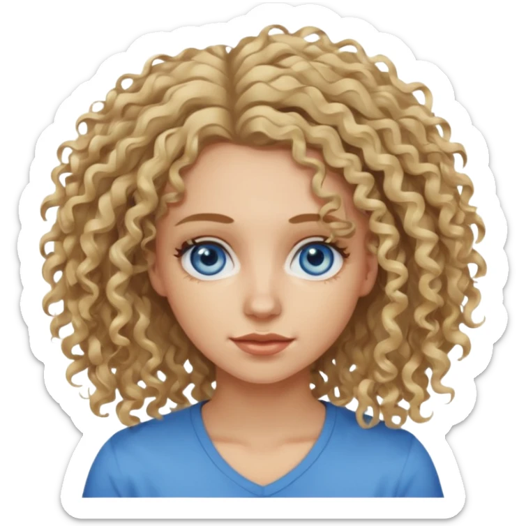 This is a 2D digital anime-style portrait of a female, caucasian, 29 years old light skin. The person has messy dirty blond curly hair, round blue eyes.  sticker