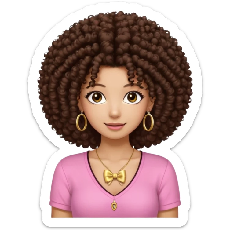 Naturally tan skin girl short darkBrown curly afropink shirt very long lashes hoop gold earrings Brown eyes gyaru smiling closed mouth cute bow hairclip small on the side. V neck pink shirt. Teenager bow on shirt, cleavage sticker