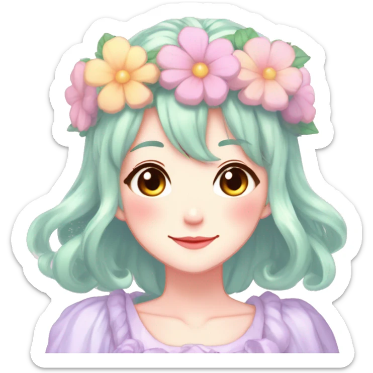 Gorgeous Shiny Colorful Pastel Anime Style Mature Lady with blushing face and pretty hair with a flower crown pastelcore kawaii cottagecore fairycore aesthetic trending style sticker