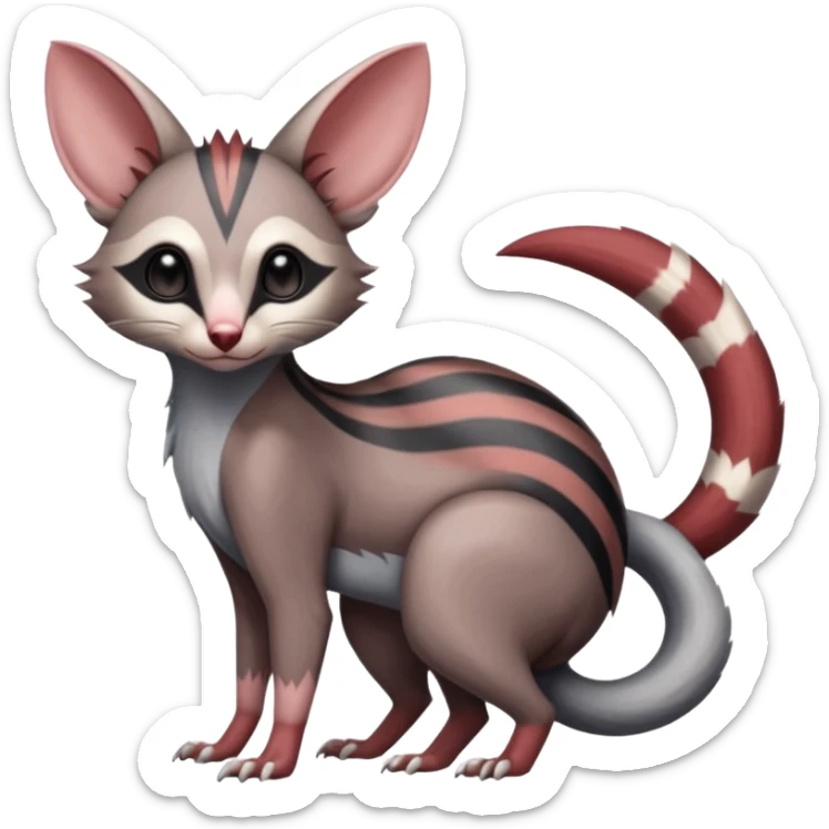 Minccino-Opossum-Numbat-Lykoi-Sphynx-Zangoose-fusion-hybrid-animal-Fakémon-creature, full body, thin long sleek scaly tail, intricate markings sticker