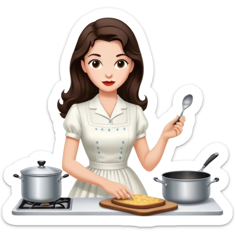 Beautiful woman in 1950’s woman fashion look, white dress, long dark brown hair, cooking sticker