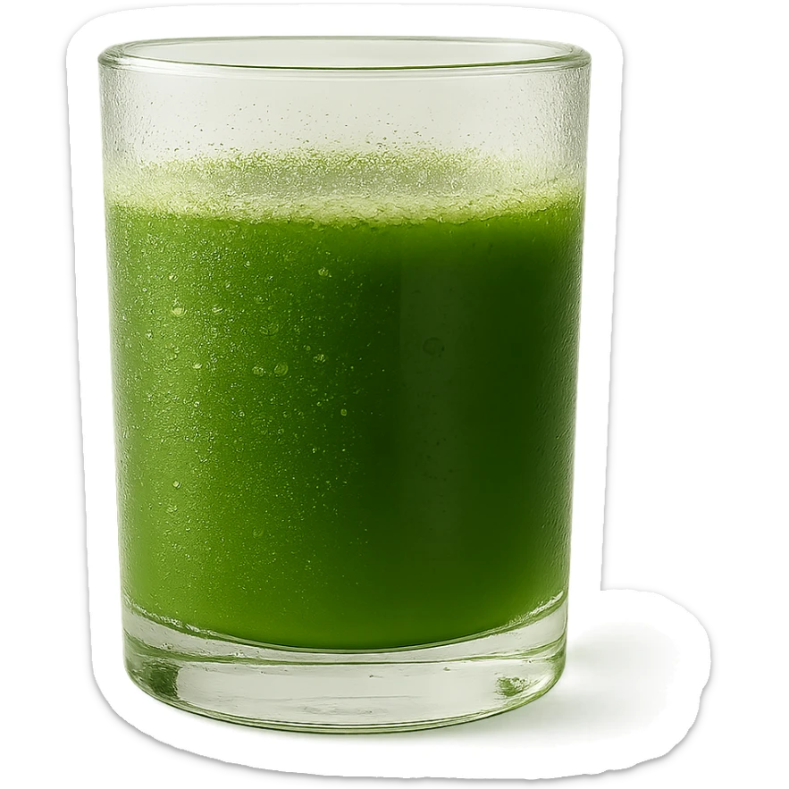 a clear glass of matcha tea, side view, condensation on glass, vivid green tea, modern style sticker