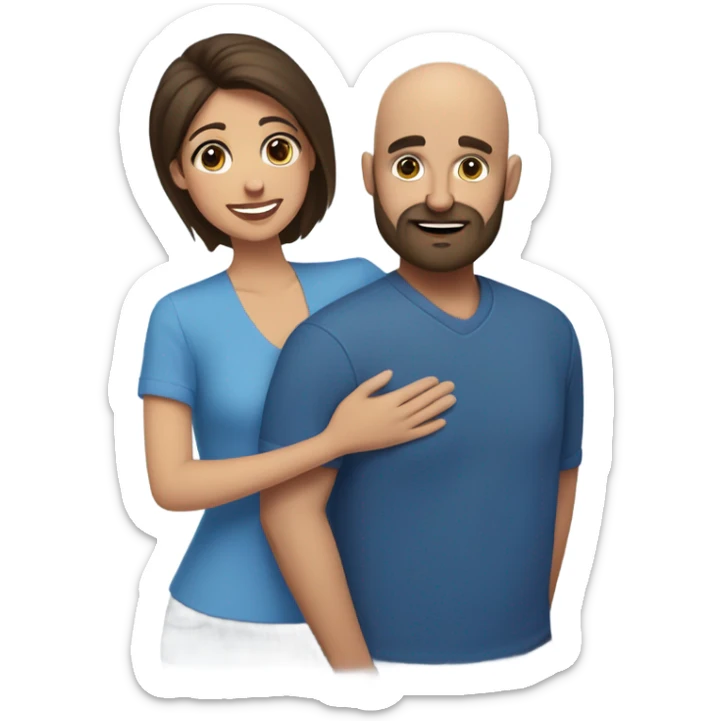 Comforting hug from brunette Puerto Rican with dark brown eyes wearing a cute blue blouse to short, bald man with brown eyes, laugh lines, and a beard sticker