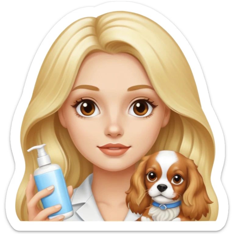 Very pretty blonde bombshell girl with long hair wearing skin care, lotion, on her face and holding a Blenheim cavalier sticker
