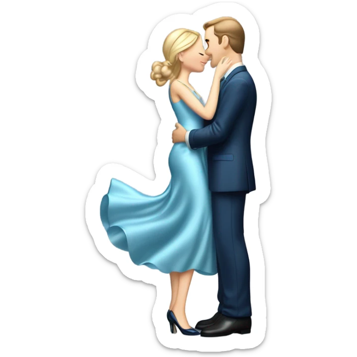 caucasian woman, in long slim pastel blue formal party satin dress with gradient shiny sparkling navy blue diamonds embroidered, full body full figure , and caucasian man in black dres on his knees asks her to marry her sticker