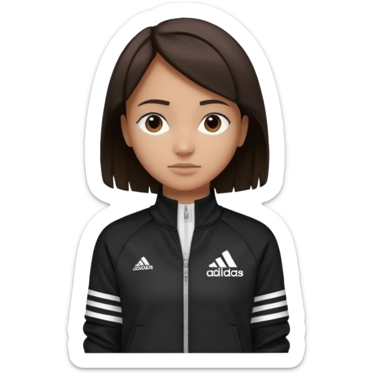 A girl with  medium-length, dark brown hair. The style is a soft, layered cut that falls around her shoulders. wore black Adidas track jacket with white stripes on the sleeves. It has a full zipper down the front, a stand-up collar, and the Adidas logo on the right chest emoji sticker