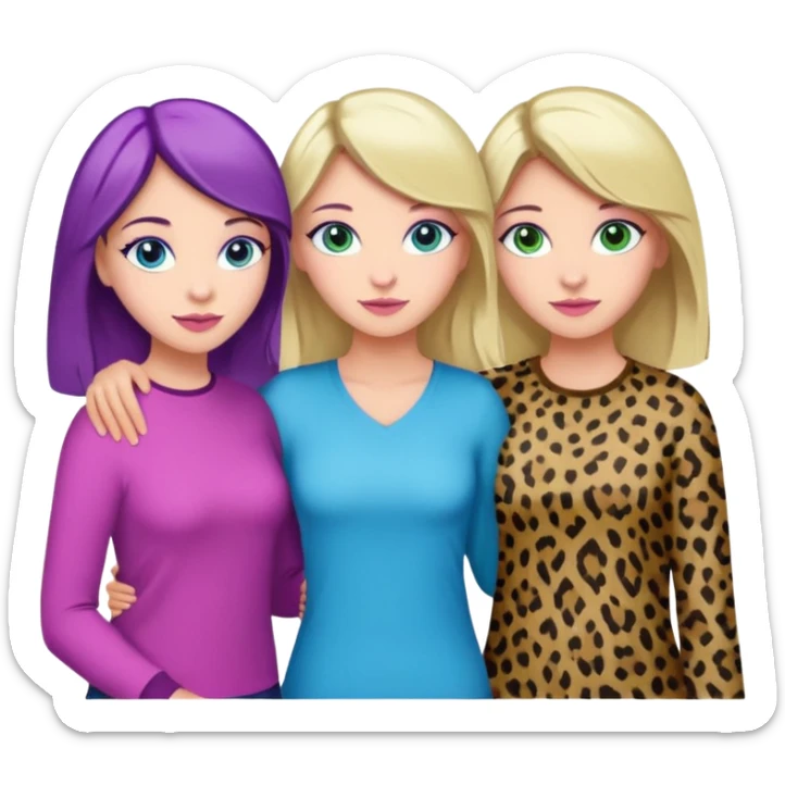 I want a brunette girl who really likes pink and leopard print, another blonde with blue eyes who likes blue, and another with light brown hair, green eyes, and purple and green colors. All together.   sticker