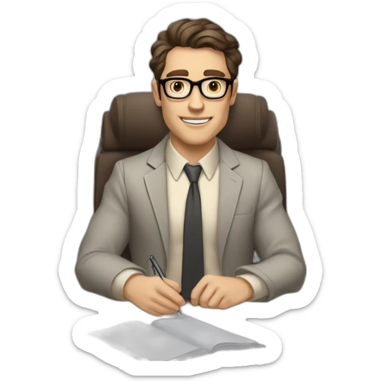 Pale skinned Fit Man With dark brown hair in gray jacket, beige office shirt, Brown pants and vintage glasses sitting In a soft chair with a notebook on spring with emblem Ψ and a pen sticker