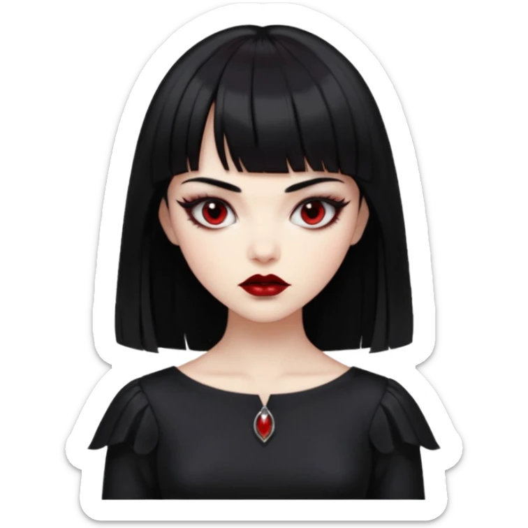 “Emoji girl, porcelain skin, sharp eyeliner, vampy deep red lips, straight jet-black hair with bangs, intense eyes, wearing black silk dress.” sticker
