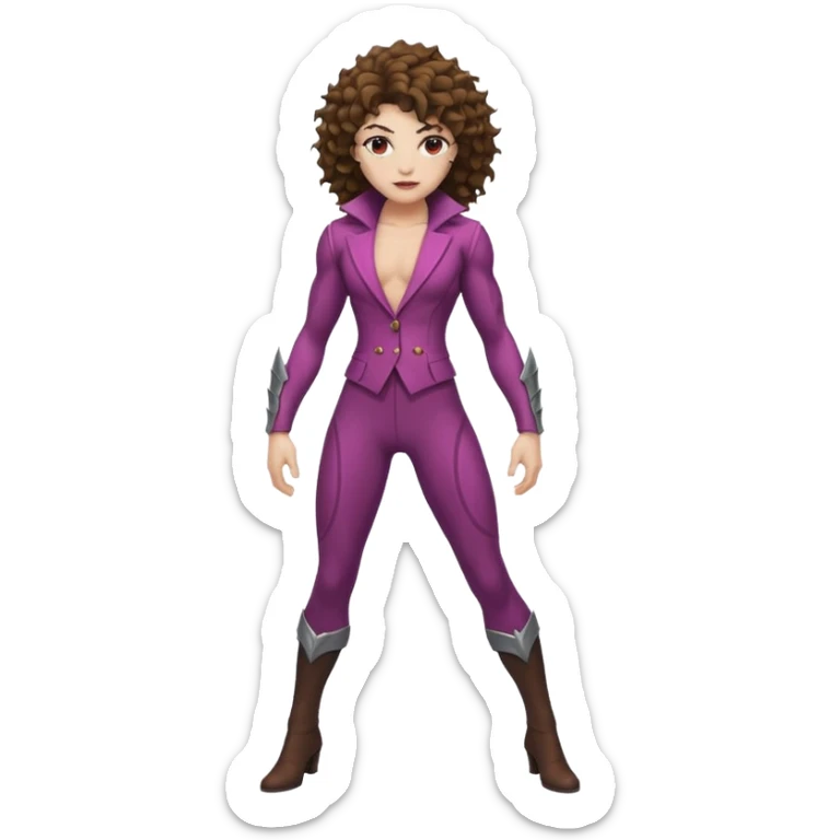 full body woman short curly brown mullet brown eyes white skin muscular build thorn berry rogue suit sticker