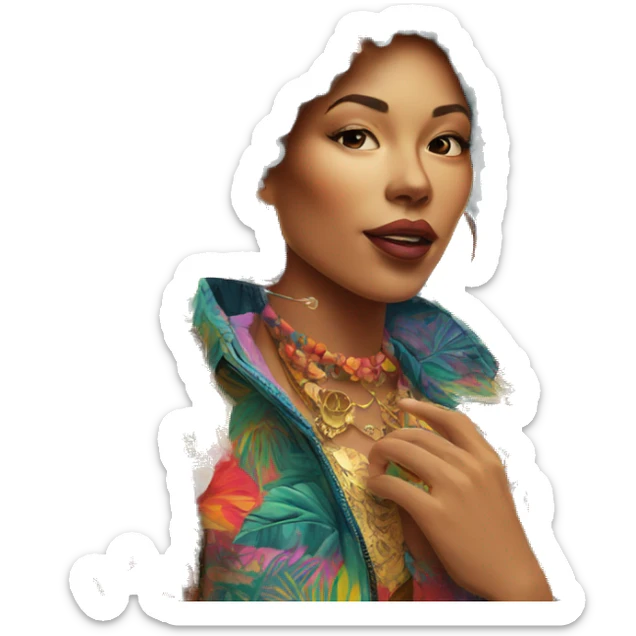 Person vaping wearing a colourful vibrant tropical patchwork of intricate vintage patterns, vape sticker