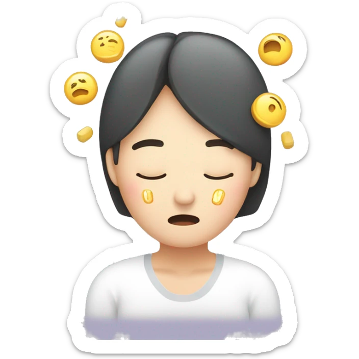 Headache, middle-aged Korean woman in her 40s, with one hand on her head, painful face + a medication in front of her to treat the headache sticker