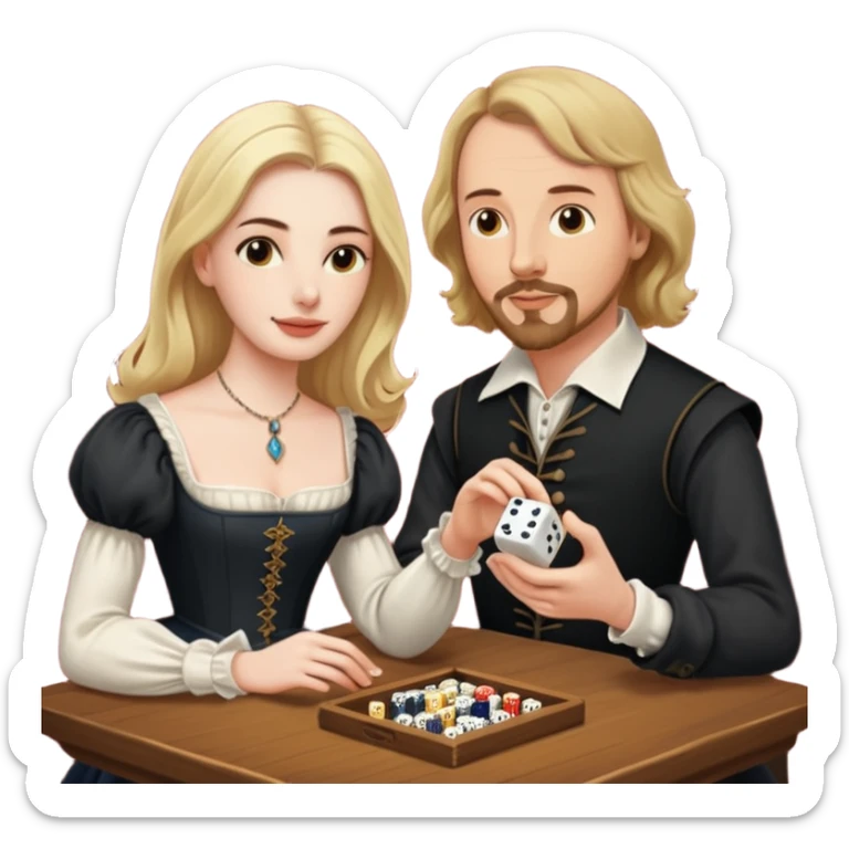Can you make an emoji of William Shakespeare and Anne Hathaway (his wife-1582) playing Yahtzee. She needs to be blonde!  sticker