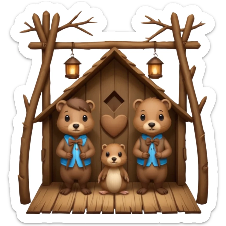  beaver man and female beaver with a bow in a wooden lodge made of sticks sticker