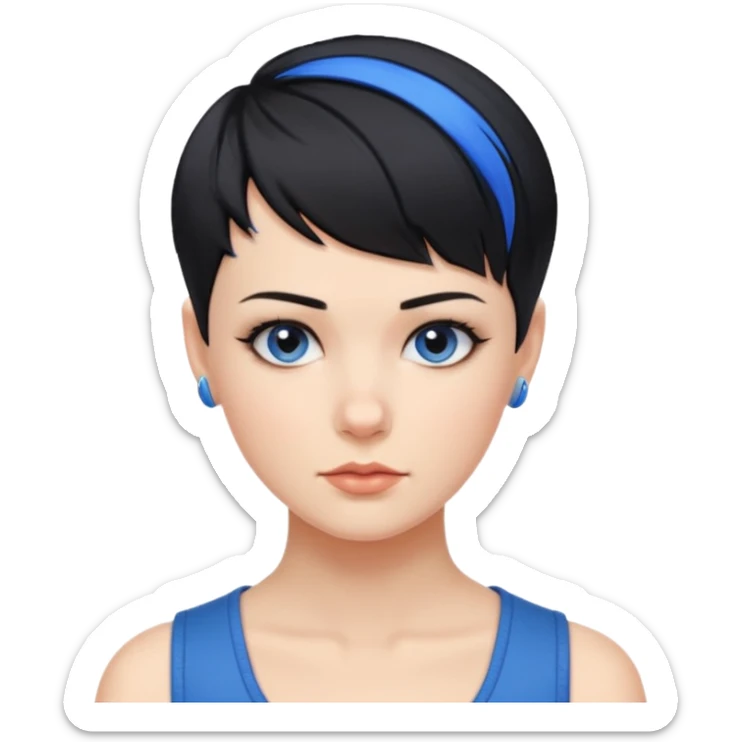 frau freche extreme schwarze Kurzhaarfrisur eine Seite wirklich fast keine Haare andere Seite mit blauer Strähne kurze Seite noch viel kürzer sticker