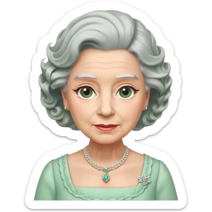 Queen Elizabeth with grey hair and waves in pastel green clothes sticker