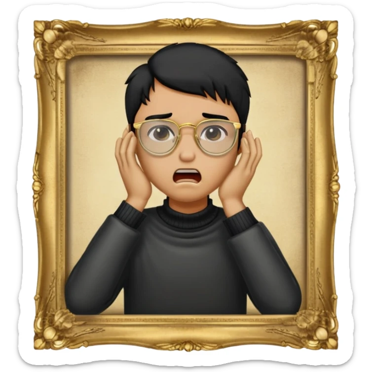 Make an apple choking emoji of a tan gender neutral person with black hair and gold frame glasses with their hand on their neck choking themselves  sticker