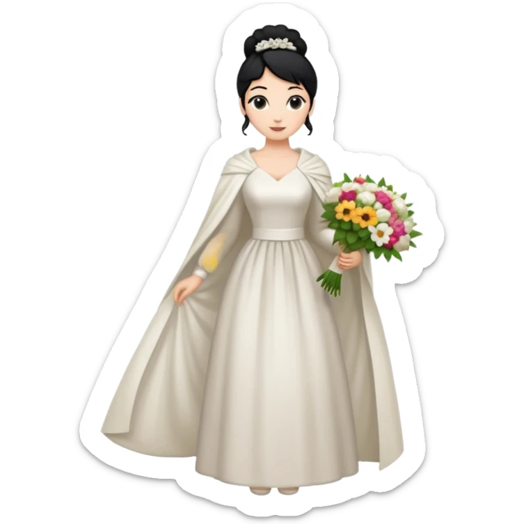 Chica blanca,cuerpo entero, vestido boda ,manga larga ,con estola, pelo negro,    ramo de flores una mano, pelo recogido en moño alto sticker