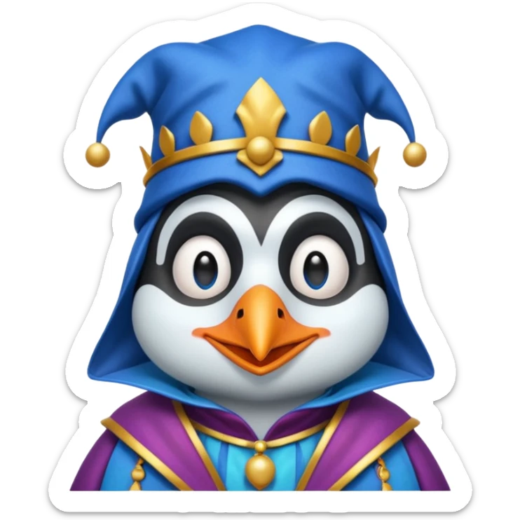 crazy colorful cute penguin jolly joker, medieval, vintage, court jester, mac os icon, blue color sticker