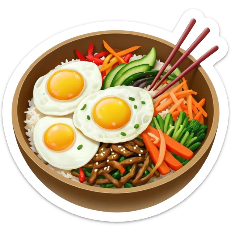 bowl of bibimbap with colorful vegetables and egg on rice, Korean food sticker
