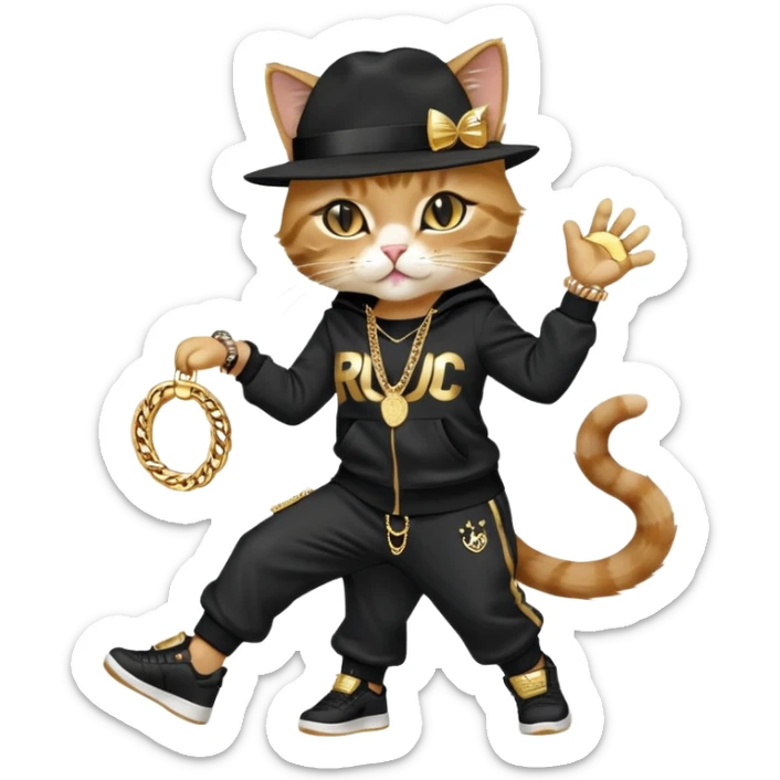 female cat dressed like Run DMC in tracksuit, fedora, Adidas shoes, lots of gold chains, rings, bracelets, earrings, dancing with a friend, no sunglasses sticker