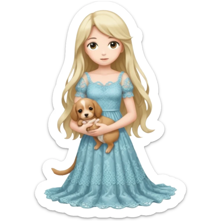 Pastel anime lady long hair with long lace dress full body holding puppy sticker