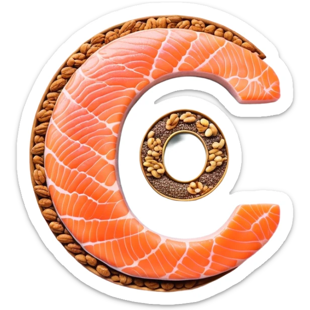 Floating arrangement of omega-3 rich foods: fresh salmon fillets, walnuts, flaxseeds, chia seeds and golden omega-3 capsules, all emitting a soft golden glow. The foods orbit around a central shimmering omega symbol, with gentle flowing energy connecting them. sticker