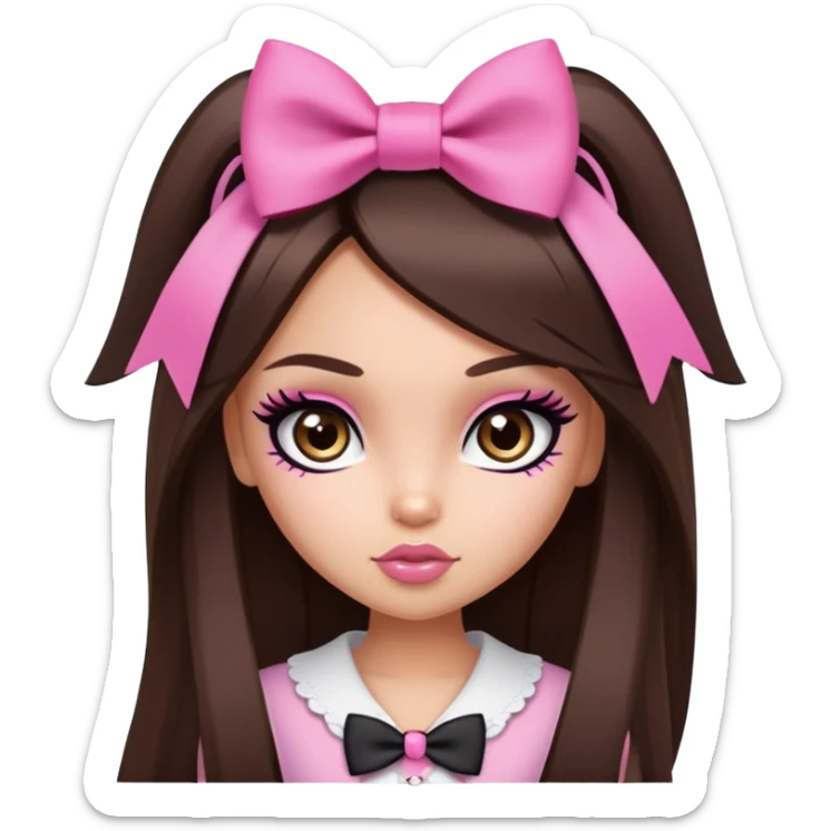 pretty bratz baddie, long straight hair brunette baddie with eyeliner and brown eyes and small pink bow sticker