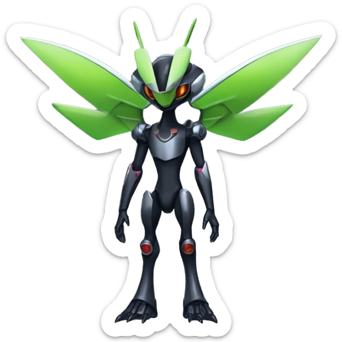 a shiny metallic black Genesect-Flygon-Raptor-Fakémon-Medabot-hybrid with a futuristic visor-helmet full body sticker