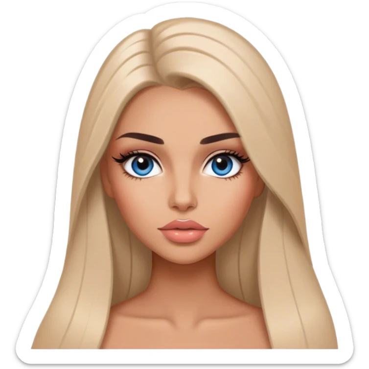 Glamours, tanned, very beautiful girl, with big pump peach-beige-rose lips, long long lashes, black straight smooth silky long hair, straight parting hair, blue-grey eyes sticker