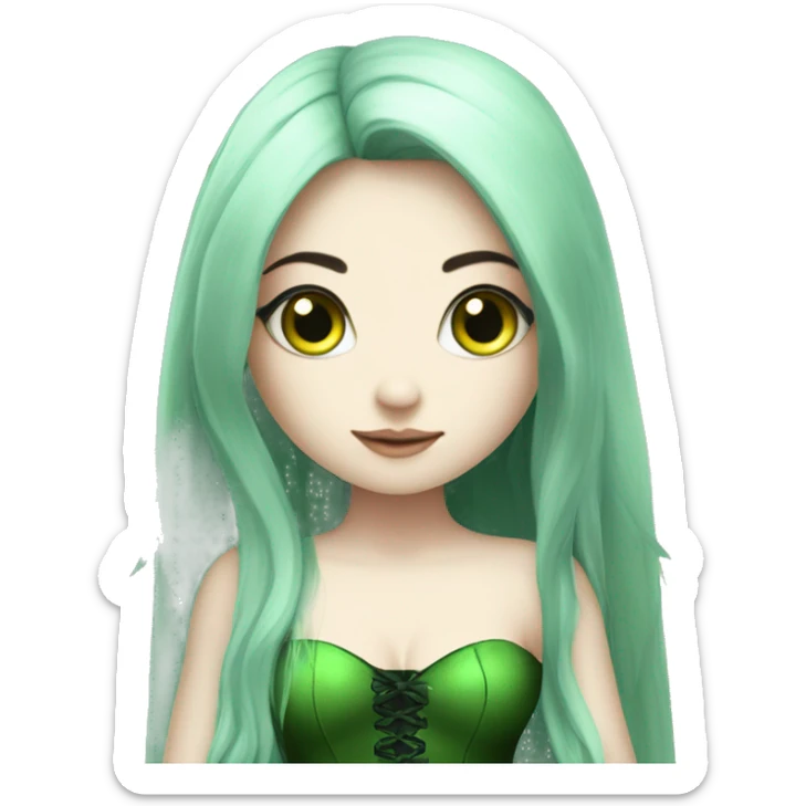 Fairy with long black hair pale skin deep green eyes green wings and green corset sticker