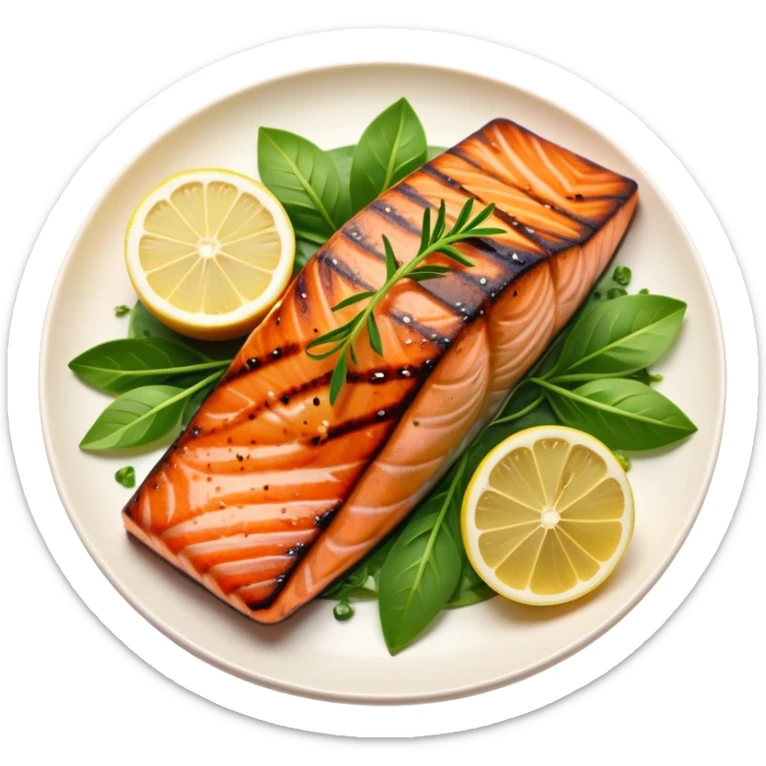 Cinematic perfectly grilled salmon, rich orange hues with crispy skin, garnished with fresh herbs, drizzled with lemon, ultra-detailed and delicious. sticker