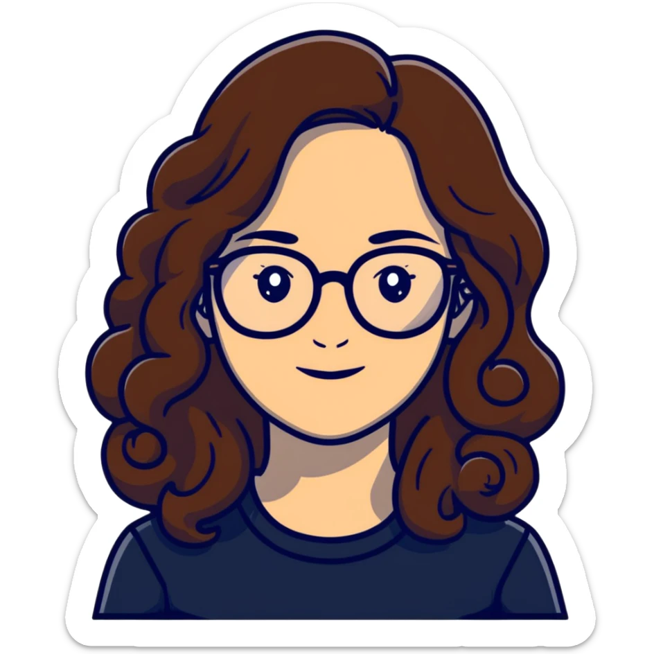 Mujer blanca con lentes, cabello largo y en las puntas rulos de color café con partidura en el medio sticker