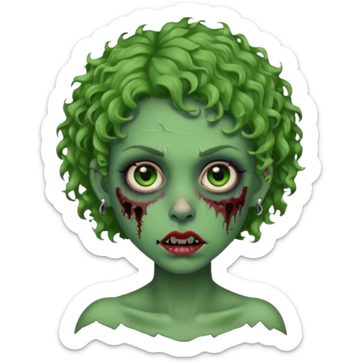 faça uma cabeça verde de zumbi femenina, com im cabelo curtinho cacheado, piercing no nariz, e brincos na orelha sticker