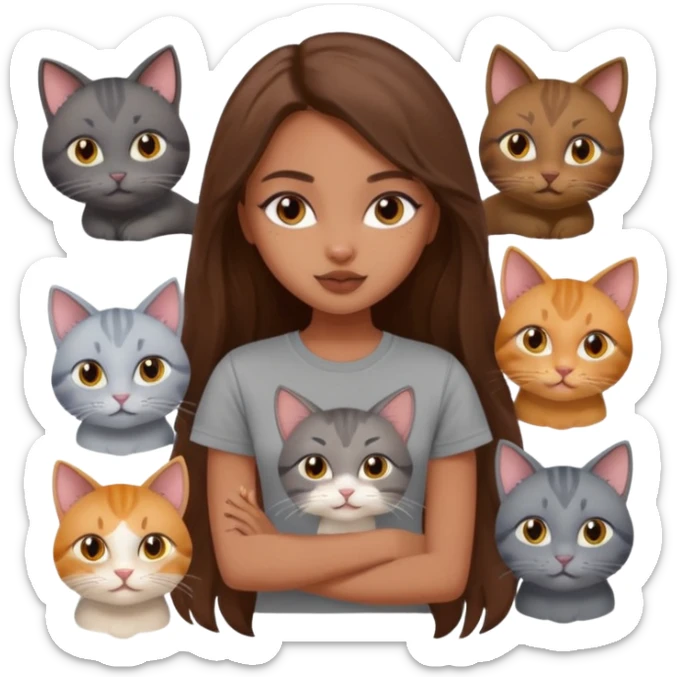 a pretty bratz dusky girl with long brown hair with six cats nd wearing a grey tshirt sticker