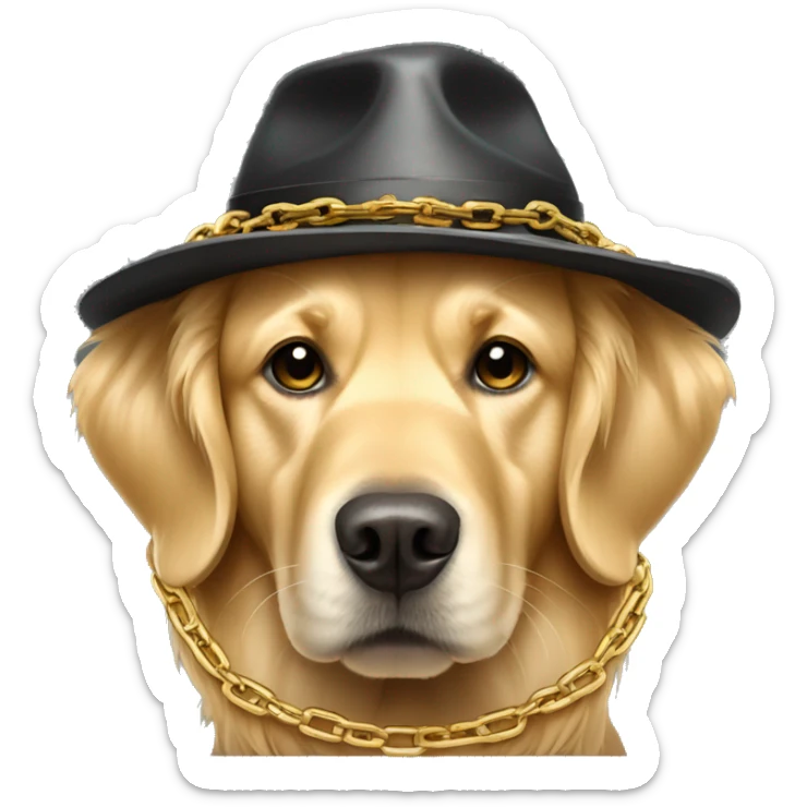 Golden retriever wearing chains and a hat that looks like a gangster sticker