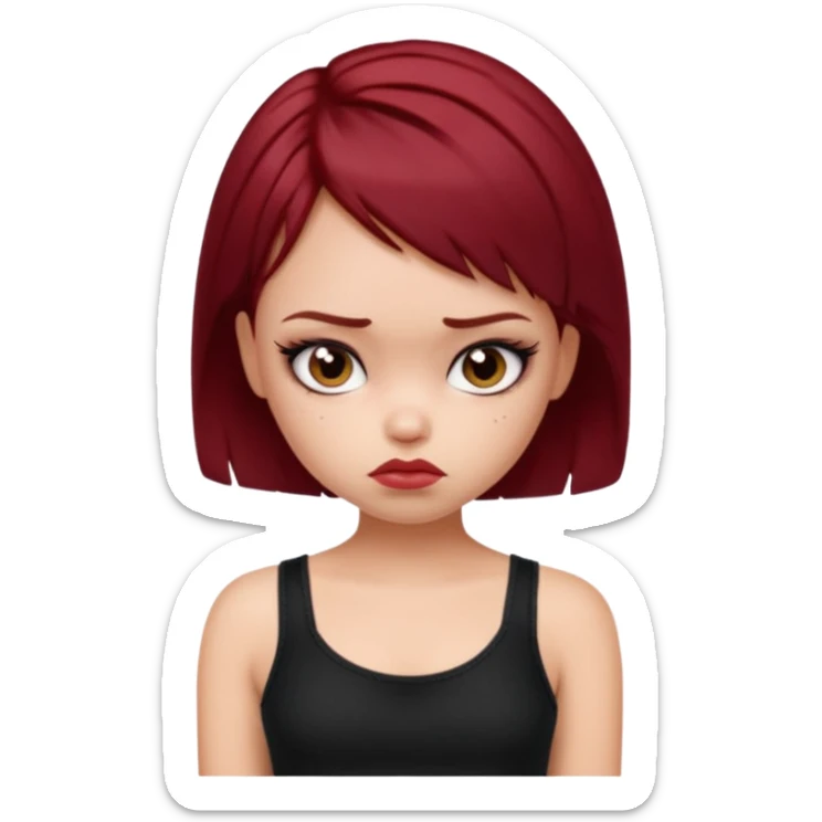 generate a pretty fair bratz girl with short dark red hair looking sad . Wearing a black cami sticker