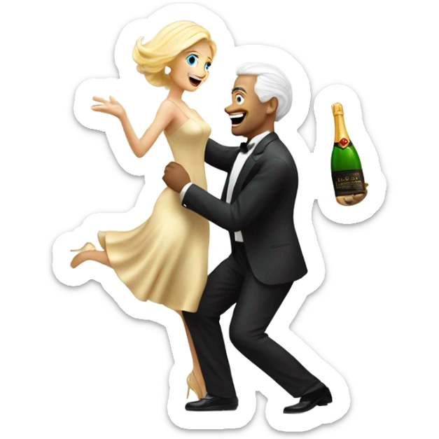 A fifty years man and a blonde woman dansing with a bottle of champagne by night sticker