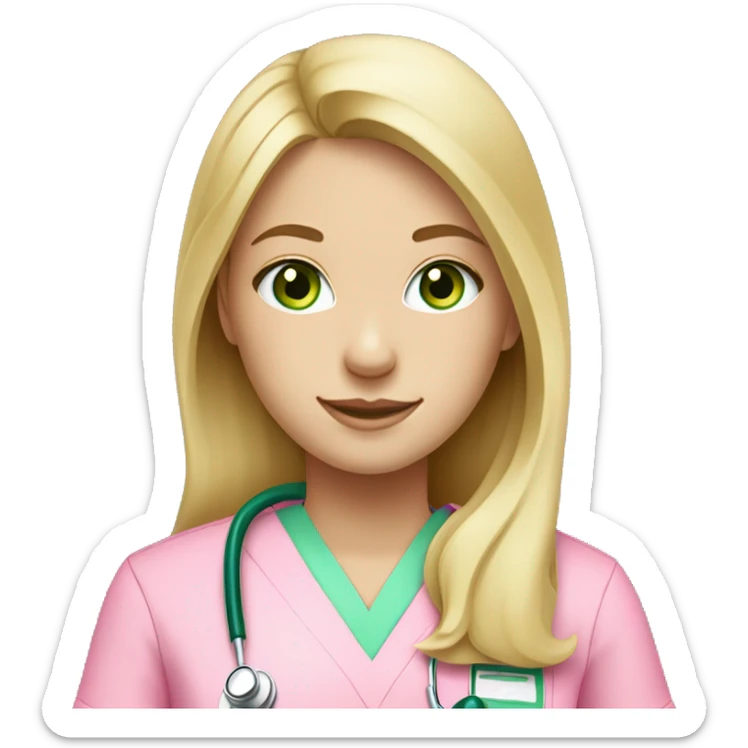 pale blonde girl with long hair and green eyes wearing pink scrubs and stethoscope  sticker