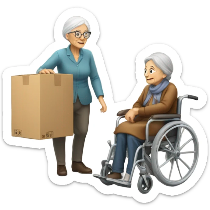 Old woman in wheelchair and old man moving House sticker